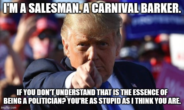 Politician | I'M A SALESMAN. A CARNIVAL BARKER. IF YOU DON'T UNDERSTAND THAT IS THE ESSENCE OF BEING A POLITICIAN? YOU'RE AS STUPID AS I THINK YOU ARE. | image tagged in stupid,misinformed,rino,republicon | made w/ Imgflip meme maker