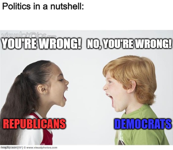 This is all they do. Every. Single. Day. | Politics in a nutshell:; YOU'RE WRONG! NO, YOU'RE WRONG! REPUBLICANS; DEMOCRATS | image tagged in yelling,politics,democrats,republicans,election,pandemic | made w/ Imgflip meme maker