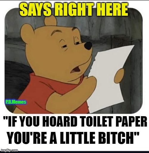 SAYS RIGHT HERE; P.D.Memes; "IF YOU HOARD TOILET PAPER; YOU'RE A LITTLE BITCH" | image tagged in funny memes,meme,winnie the pooh,toilet paper,hoarders,covid | made w/ Imgflip meme maker