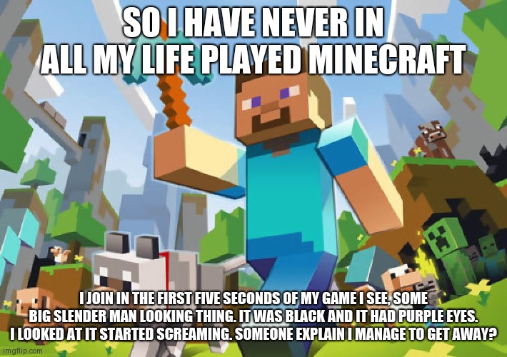 What am I doing with my life | SO I HAVE NEVER IN ALL MY LIFE PLAYED MINECRAFT; I JOIN IN THE FIRST FIVE SECONDS OF MY GAME I SEE, SOME BIG SLENDER MAN LOOKING THING. IT WAS BLACK AND IT HAD PURPLE EYES. I LOOKED AT IT STARTED SCREAMING. SOMEONE EXPLAIN I MANAGE TO GET AWAY? | image tagged in minecraft | made w/ Imgflip meme maker