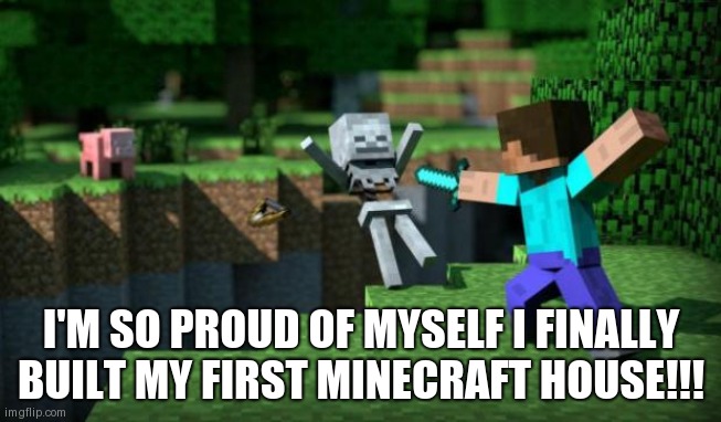 Epic gamer time bois | I'M SO PROUD OF MYSELF I FINALLY BUILT MY FIRST MINECRAFT HOUSE!!! | image tagged in minecraft swordsman | made w/ Imgflip meme maker