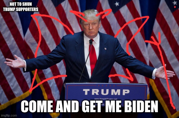 come and get me biden | NOT TO SHUN TRUMP SUPPORTERS; COME AND GET ME BIDEN | image tagged in donald trump | made w/ Imgflip meme maker