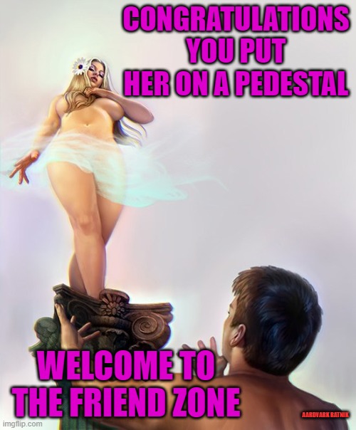 Been There & Done That, NO THANKS | CONGRATULATIONS YOU PUT HER ON A PEDESTAL; WELCOME TO THE FRIEND ZONE; AARDVARK RATNIK | image tagged in high priestess 1,friend zone,relationships,funny memes,sexy women | made w/ Imgflip meme maker