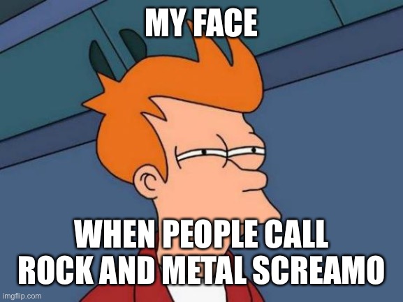 Futurama Fry | MY FACE; WHEN PEOPLE CALL ROCK AND METAL SCREAMO | image tagged in memes,futurama fry | made w/ Imgflip meme maker
