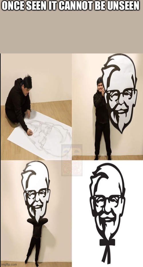 But why does he have a really small body with small rms and legs tho | ONCE SEEN IT CANNOT BE UNSEEN | image tagged in kfc colonel sanders | made w/ Imgflip meme maker