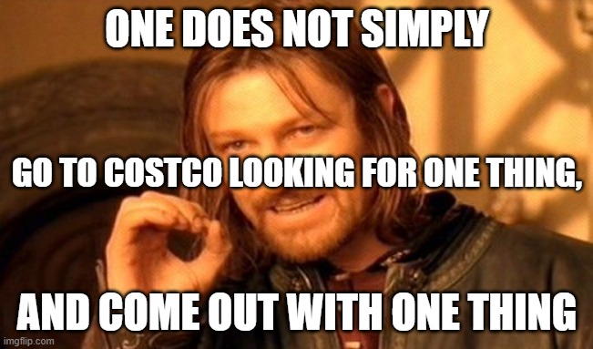 costco boys |  ONE DOES NOT SIMPLY; GO TO COSTCO LOOKING FOR ONE THING, AND COME OUT WITH ONE THING | image tagged in memes,one does not simply | made w/ Imgflip meme maker