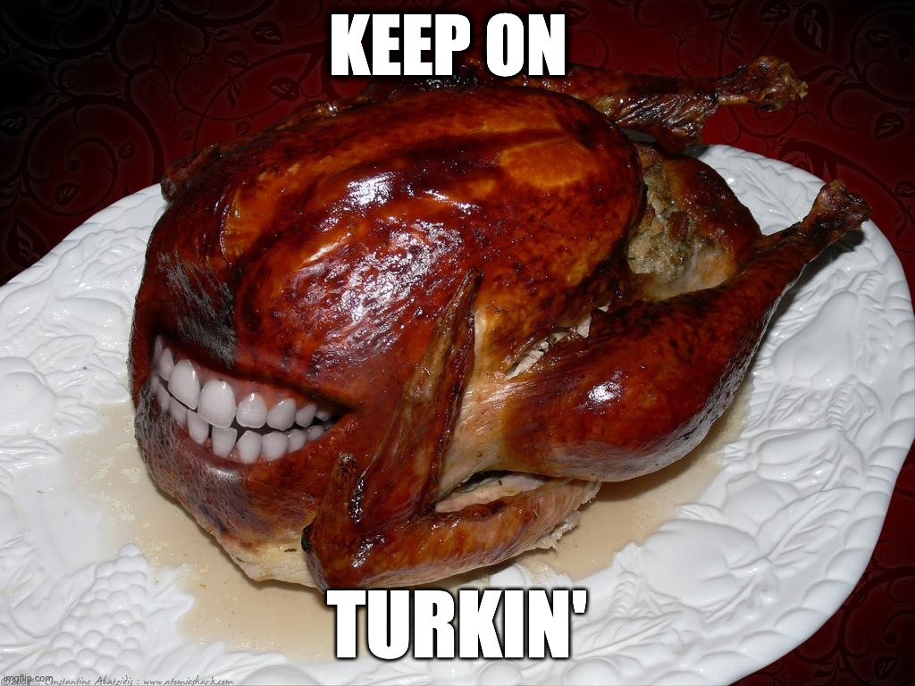 Keep On Turkin' | KEEP ON; TURKIN' | image tagged in funny memes,thanksgiving,turkey,turkey day,roasted turkey | made w/ Imgflip meme maker