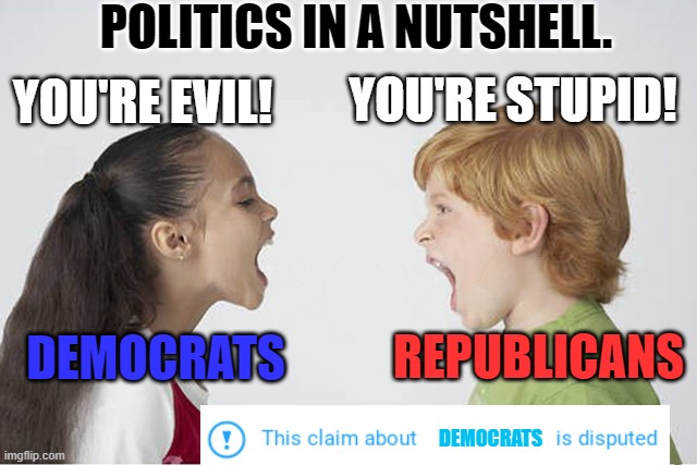 screaming match | POLITICS IN A NUTSHELL. YOU'RE STUPID! YOU'RE EVIL! DEMOCRATS; REPUBLICANS; DEMOCRATS | image tagged in kids fighting,biased media,politics | made w/ Imgflip meme maker