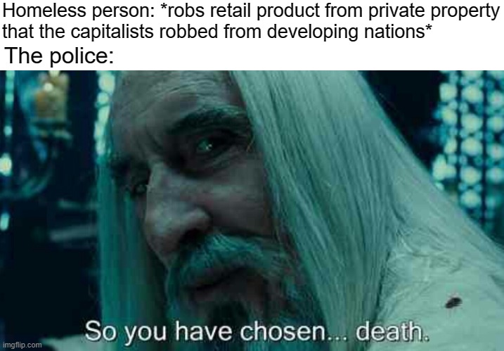 Business when the capitalists do it, theft when the poors do it. | Homeless person: *robs retail product from private property
that the capitalists robbed from developing nations*; The police: | image tagged in so you have chosen death,poor people,rich,wealth,capitalism,police | made w/ Imgflip meme maker