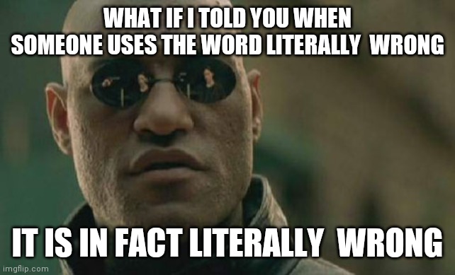 Matrix Morpheus Meme | WHAT IF I TOLD YOU WHEN SOMEONE USES THE WORD LITERALLY  WRONG; IT IS IN FACT LITERALLY  WRONG | image tagged in memes,matrix morpheus | made w/ Imgflip meme maker
