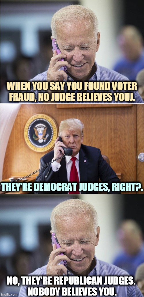 No evidence was presented in court. Forget the tweets. Under oath, Trump and his lawyers have nothing. Trump is bullsh*tting. | WHEN YOU SAY YOU FOUND VOTER FRAUD, NO JUDGE BELIEVES YOUJ. THEY'RE DEMOCRAT JUDGES, RIGHT?. NO, THEY'RE REPUBLICAN JUDGES. 
NOBODY BELIEVES YOU. | image tagged in biden-trump-call,trump,loser | made w/ Imgflip meme maker