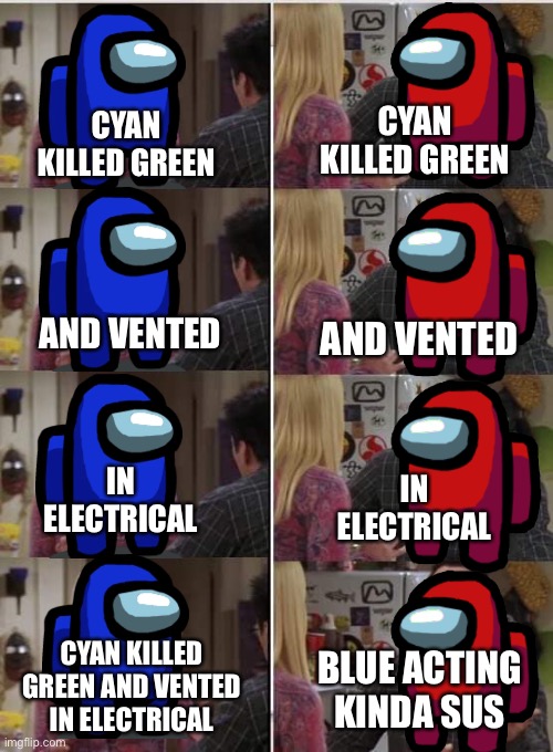 Blue was not An Imposter | CYAN KILLED GREEN; CYAN KILLED GREEN; AND VENTED; AND VENTED; IN ELECTRICAL; IN ELECTRICAL; CYAN KILLED GREEN AND VENTED IN ELECTRICAL; BLUE ACTING KINDA SUS | image tagged in friends joey teached french,among us,memes,emergency meeting among us,among us blame,among us chat | made w/ Imgflip meme maker