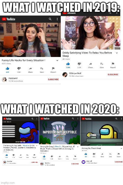 Hmm | WHAT I WATCHED IN 2019:; WHAT I WATCHED IN 2020: | image tagged in blank white template | made w/ Imgflip meme maker