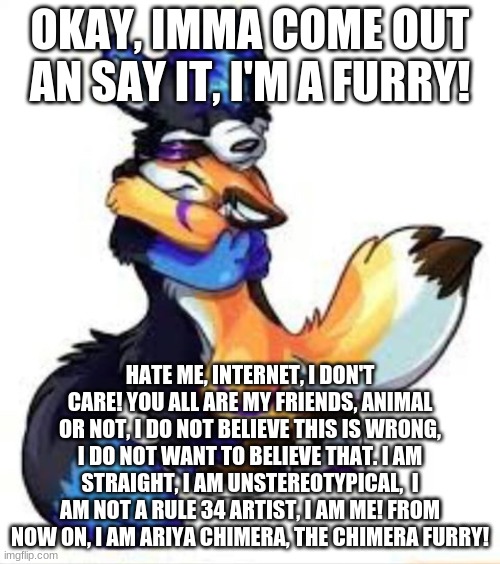 I don't want to lose friends, I want to gain others. | OKAY, IMMA COME OUT AN SAY IT, I'M A FURRY! HATE ME, INTERNET, I DON'T CARE! YOU ALL ARE MY FRIENDS, ANIMAL OR NOT, I DO NOT BELIEVE THIS IS WRONG, I DO NOT WANT TO BELIEVE THAT. I AM STRAIGHT, I AM UNSTEREOTYPICAL,  I AM NOT A RULE 34 ARTIST, I AM ME! FROM NOW ON, I AM ARIYA CHIMERA, THE CHIMERA FURRY! | image tagged in furry hugs | made w/ Imgflip meme maker