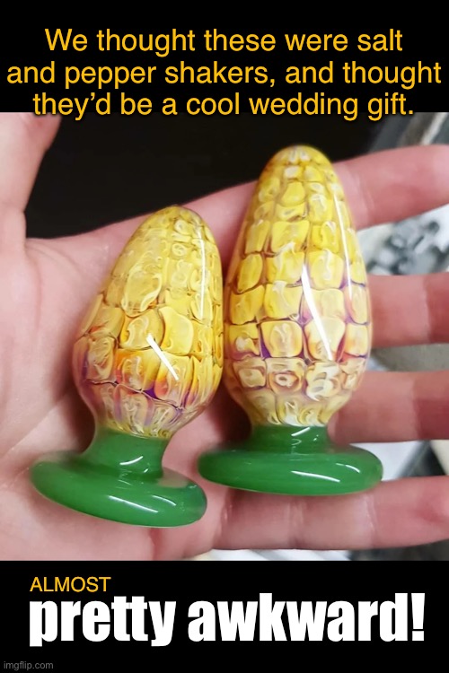 Close Call! | We thought these were salt and pepper shakers, and thought they’d be a cool wedding gift. ALMOST; pretty awkward! | image tagged in funny memes,awkward | made w/ Imgflip meme maker