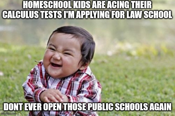 Evil Toddler Meme | HOMESCHOOL KIDS ARE ACING THEIR CALCULUS TESTS I'M APPLYING FOR LAW SCHOOL; DONT EVER OPEN THOSE PUBLIC SCHOOLS AGAIN | image tagged in memes,evil toddler | made w/ Imgflip meme maker