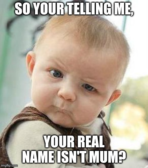 Confusion | SO YOUR TELLING ME, YOUR REAL NAME ISN'T MUM? | image tagged in confused baby | made w/ Imgflip meme maker
