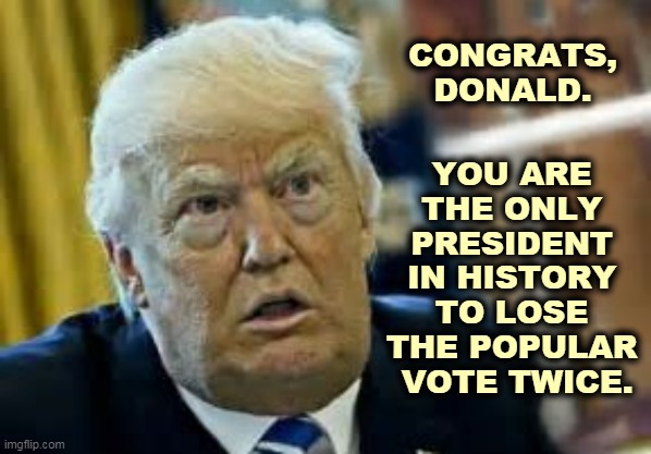 Oh, sh*t. Donald, America hates you. Face it like a man. | CONGRATS, DONALD. YOU ARE 
THE ONLY 
PRESIDENT 
IN HISTORY 
TO LOSE 
THE POPULAR 
VOTE TWICE. | image tagged in trump dilated loser,popular vote,loser,twice,snowflake | made w/ Imgflip meme maker