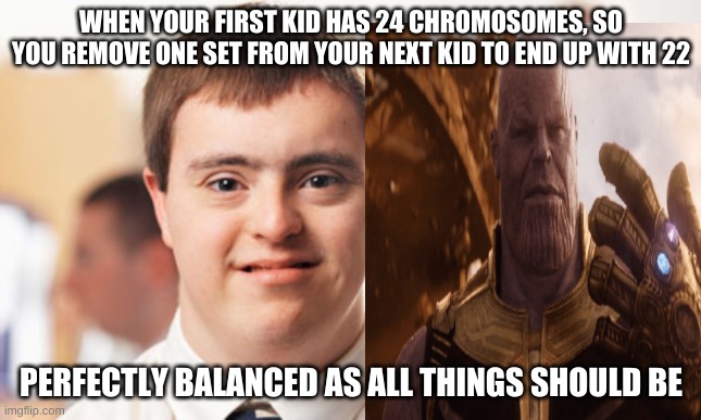 Chromosome | WHEN YOUR FIRST KID HAS 24 CHROMOSOMES, SO YOU REMOVE ONE SET FROM YOUR NEXT KID TO END UP WITH 22; PERFECTLY BALANCED AS ALL THINGS SHOULD BE | image tagged in thanos,down syndrome | made w/ Imgflip meme maker