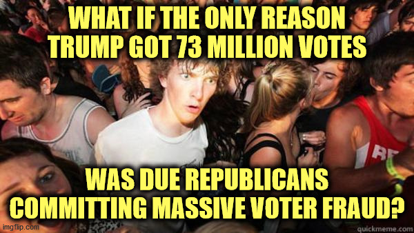 A 10,000,000 plus increase in votes from 2016, for a crappy job??? | WHAT IF THE ONLY REASON TRUMP GOT 73 MILLION VOTES; WAS DUE REPUBLICANS COMMITTING MASSIVE VOTER FRAUD? | image tagged in what if rave,voter fraud,donald trump | made w/ Imgflip meme maker