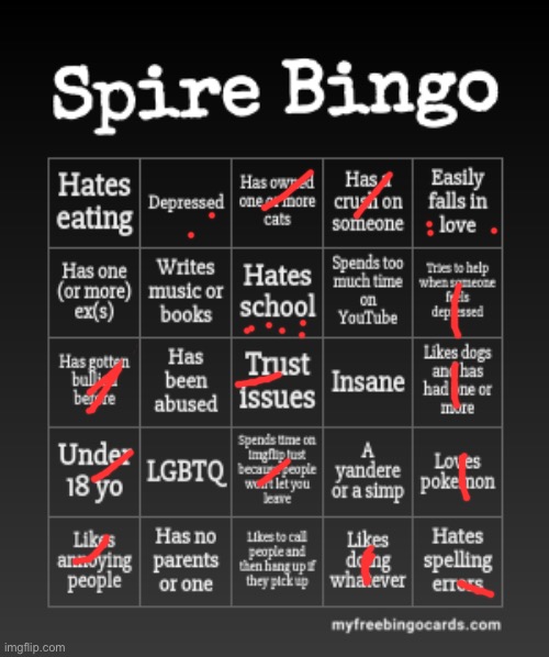 Ok, I’ve corrected this so many times now, explanation for the dots in the comments | image tagged in spire bingo | made w/ Imgflip meme maker