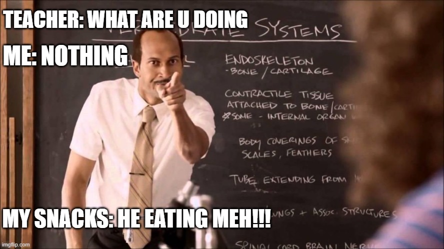 Key and Peele Substitute Teacher | ME: NOTHING; TEACHER: WHAT ARE U DOING; MY SNACKS: HE EATING MEH!!! | image tagged in key and peele substitute teacher | made w/ Imgflip meme maker