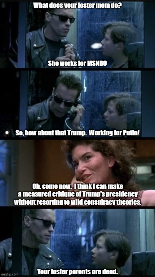 Modern Media | What does your foster mom do? She works for MSNBC; So, how about that Trump.  Working for Putin! Oh, come now.  I think I can make a measured critique of Trump's presidency without resorting to wild conspiracy theories. Your foster parents are dead. | image tagged in terminator 2 phone booth | made w/ Imgflip meme maker