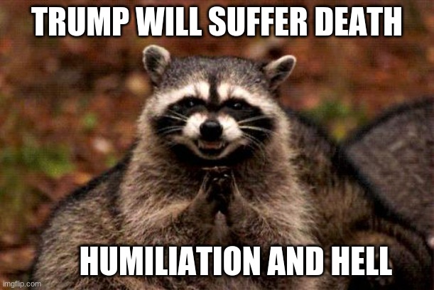 raccoons hate donald dump | TRUMP WILL SUFFER DEATH; HUMILIATION AND HELL | image tagged in memes,trump hatered | made w/ Imgflip meme maker