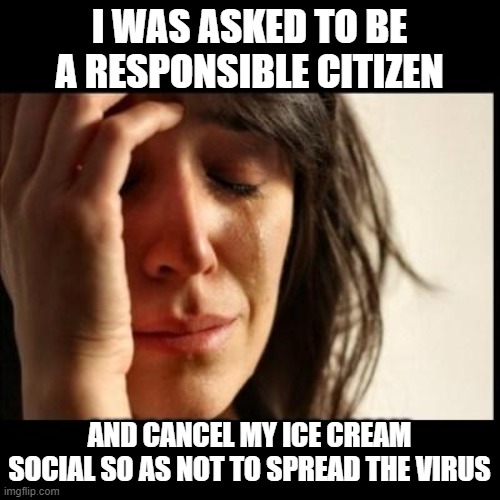 Sad girl meme | I WAS ASKED TO BE A RESPONSIBLE CITIZEN AND CANCEL MY ICE CREAM SOCIAL SO AS NOT TO SPREAD THE VIRUS | image tagged in sad girl meme | made w/ Imgflip meme maker
