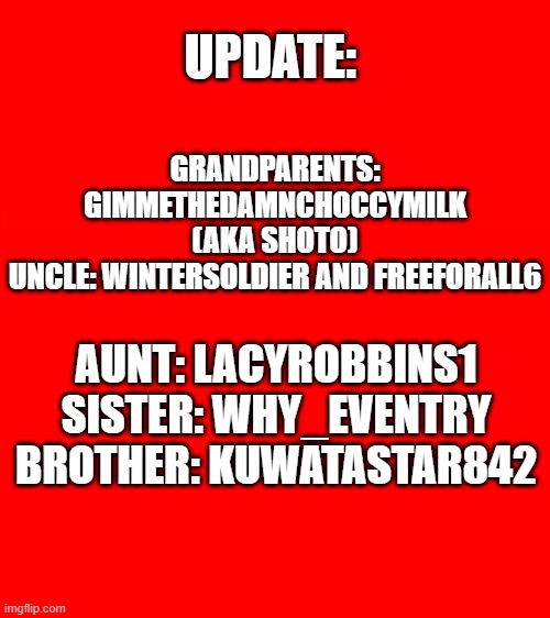 my family :D | GRANDPARENTS: GIMMETHEDAMNCHOCCYMILK (AKA SHOTO)
UNCLE: WINTERSOLDIER AND FREEFORALL6; UPDATE:; AUNT: LACYROBBINS1
SISTER: WHY_EVENTRY
BROTHER: KUWATASTAR842 | image tagged in bigass red blank template | made w/ Imgflip meme maker