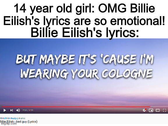 what |  14 year old girl: OMG Billie Eilish's lyrics are so emotional! Billie Eilish's lyrics: | image tagged in billie eilish,funny,song lyrics,what,dachaotic | made w/ Imgflip meme maker