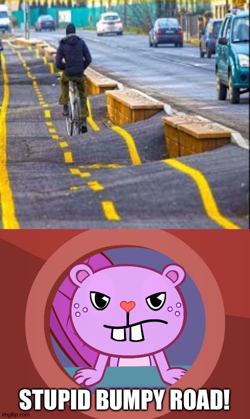 WTH | STUPID BUMPY ROAD! | image tagged in pissed-off toothy htf | made w/ Imgflip meme maker