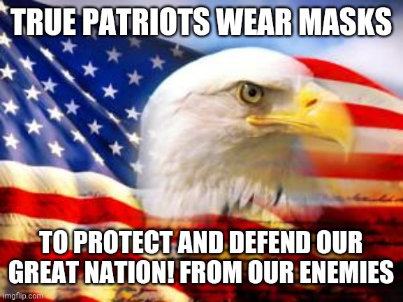 Patriotism | TRUE PATRIOTS WEAR MASKS; TO PROTECT AND DEFEND OUR GREAT NATION! FROM OUR ENEMIES | image tagged in american flag | made w/ Imgflip meme maker
