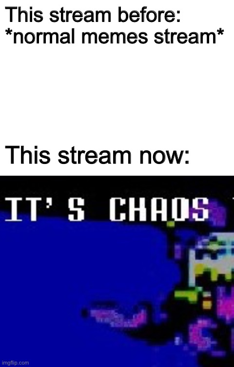 c h a o s | This stream before: *normal memes stream*; This stream now: | image tagged in blank white template,chaos time | made w/ Imgflip meme maker