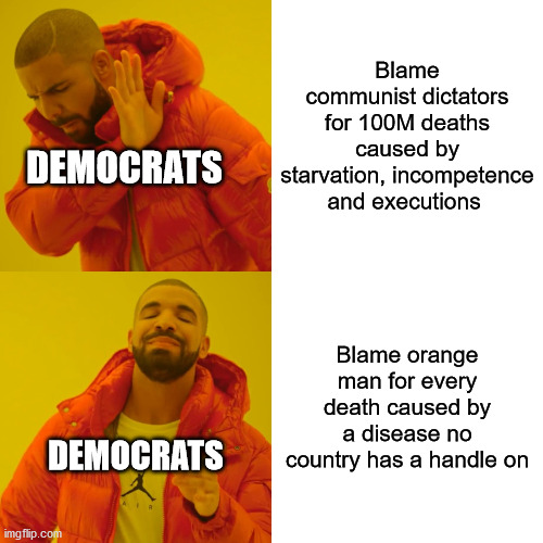 Democrats be like | Blame communist dictators for 100M deaths caused by starvation, incompetence and executions; DEMOCRATS; Blame orange man for every death caused by a disease no country has a handle on; DEMOCRATS | image tagged in memes,drake hotline bling,liberal hypocrisy,kung flu,orange trump | made w/ Imgflip meme maker