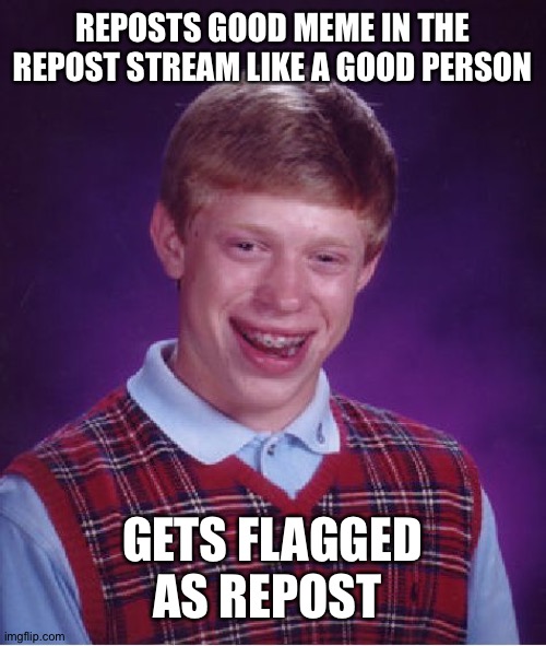 There's a very little chance that this will happen to you, so repost in the repost stream. |  REPOSTS GOOD MEME IN THE REPOST STREAM LIKE A GOOD PERSON; GETS FLAGGED AS REPOST | image tagged in memes,bad luck brian,streams,imgflip | made w/ Imgflip meme maker