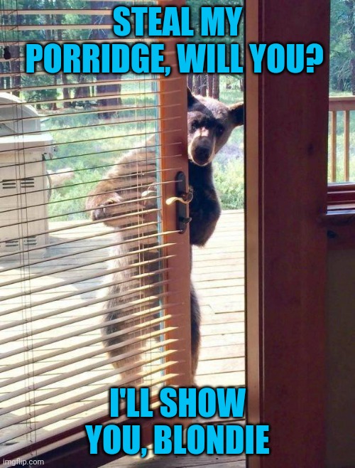 Baby Bear Gets Even | STEAL MY PORRIDGE, WILL YOU? I'LL SHOW YOU, BLONDIE | image tagged in bear,door | made w/ Imgflip meme maker