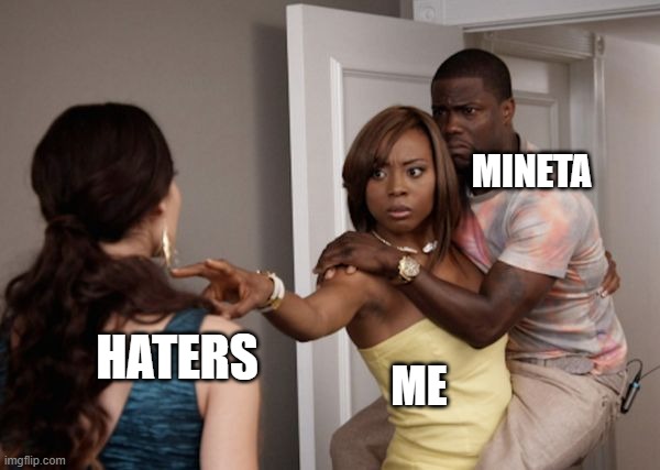 trash-posting's fun! | MINETA; HATERS; ME | image tagged in protected kevin hart | made w/ Imgflip meme maker