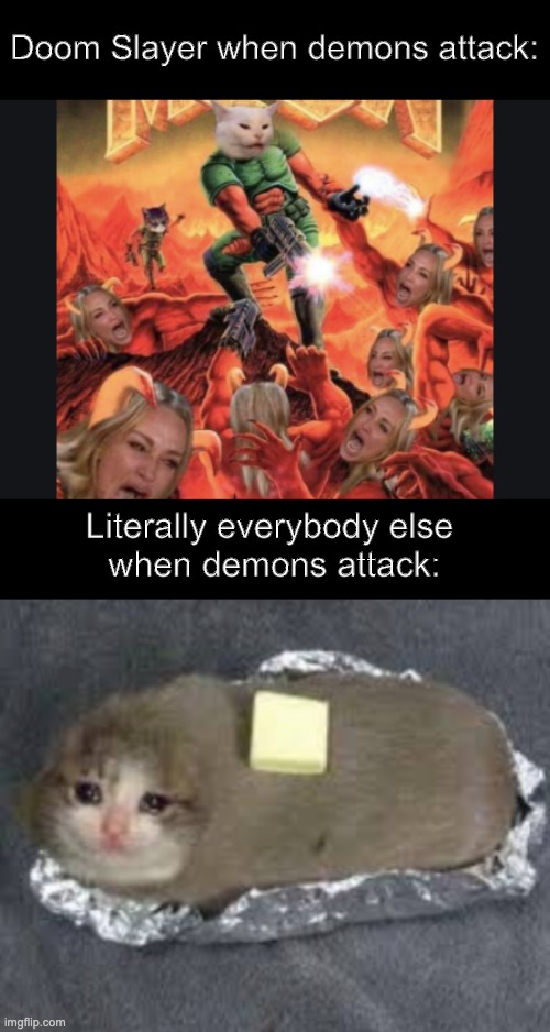 In the first battle, in the first age... | Doom Slayer when demons attack:; Literally everybody else 
when demons attack: | image tagged in doomguy,doom,cats | made w/ Imgflip meme maker