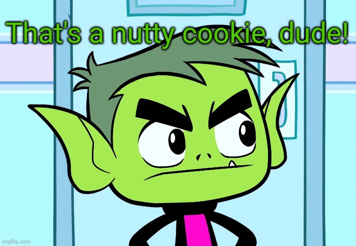 Angry Beast Boy (TTG) | That's a nutty cookie, dude! | image tagged in angry beast boy ttg | made w/ Imgflip meme maker