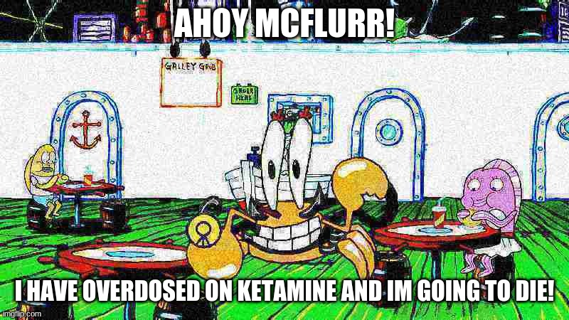 a new meme with a new OC | AHOY MCFLURR! I HAVE OVERDOSED ON KETAMINE AND IM GOING TO DIE! | image tagged in mr kraws,mcflurr,ahoy spongebob,memes | made w/ Imgflip meme maker