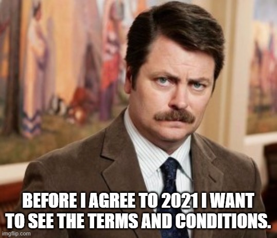 Terms and Conditions |  BEFORE I AGREE TO 2021 I WANT TO SEE THE TERMS AND CONDITIONS. | image tagged in memes,ron swanson | made w/ Imgflip meme maker