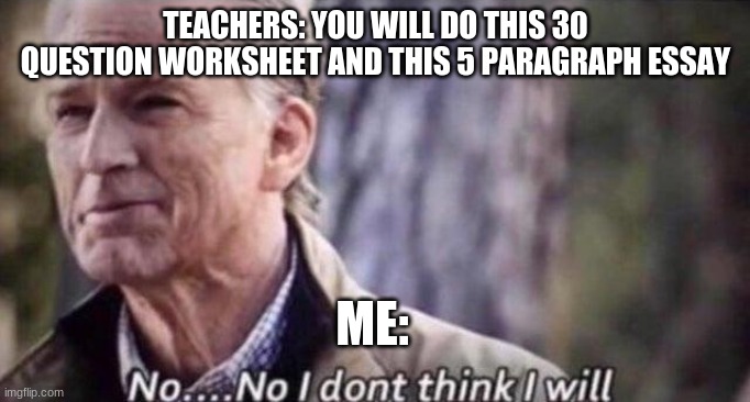 no i don't think i will | TEACHERS: YOU WILL DO THIS 30 QUESTION WORKSHEET AND THIS 5 PARAGRAPH ESSAY; ME: | image tagged in no i don't think i will | made w/ Imgflip meme maker