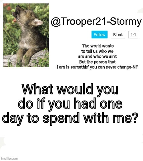 T21-Stormy | What would you do if you had one day to spend with me? | image tagged in t21-stormy | made w/ Imgflip meme maker