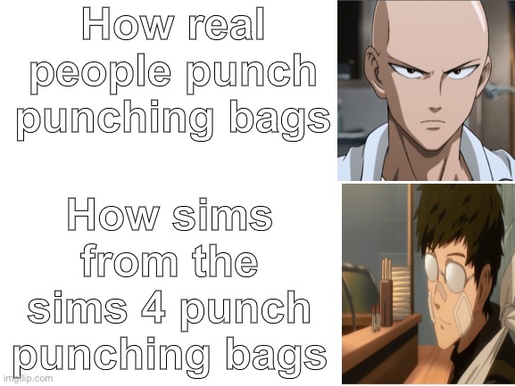 Srsly tho | How real people punch punching bags; How sims from the sims 4 punch punching bags | image tagged in blank white template | made w/ Imgflip meme maker