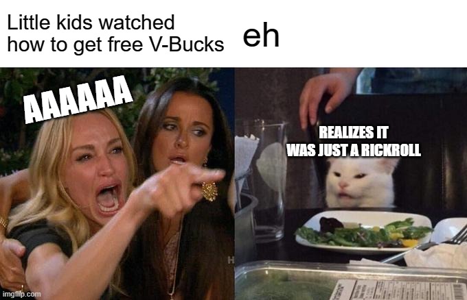 Woman Yelling At Cat Meme | Little kids watched how to get free V-Bucks; eh; AAAAAA; REALIZES IT WAS JUST A RICKROLL | image tagged in memes,woman yelling at cat | made w/ Imgflip meme maker