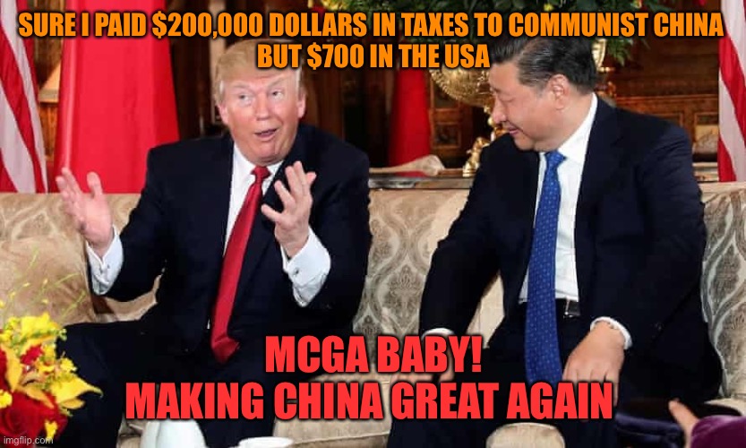 SURE I PAID $200,000 DOLLARS IN TAXES TO COMMUNIST CHINA 
BUT $700 IN THE USA MCGA BABY!
MAKING CHINA GREAT AGAIN | made w/ Imgflip meme maker