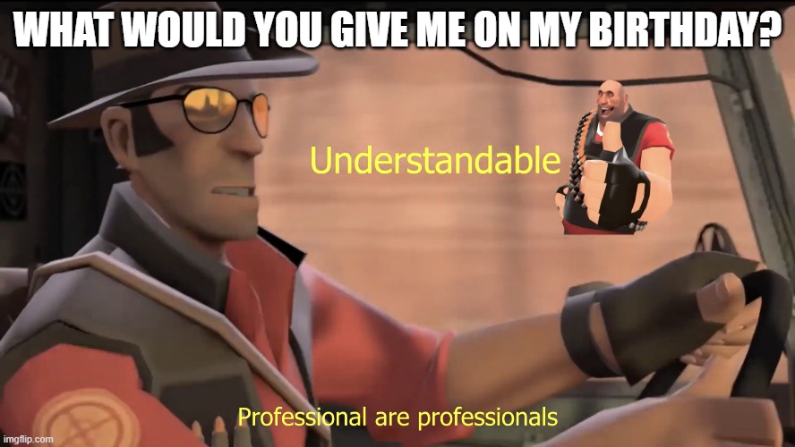 Professional are professionals | WHAT WOULD YOU GIVE ME ON MY BIRTHDAY? | image tagged in professional are professionals | made w/ Imgflip meme maker