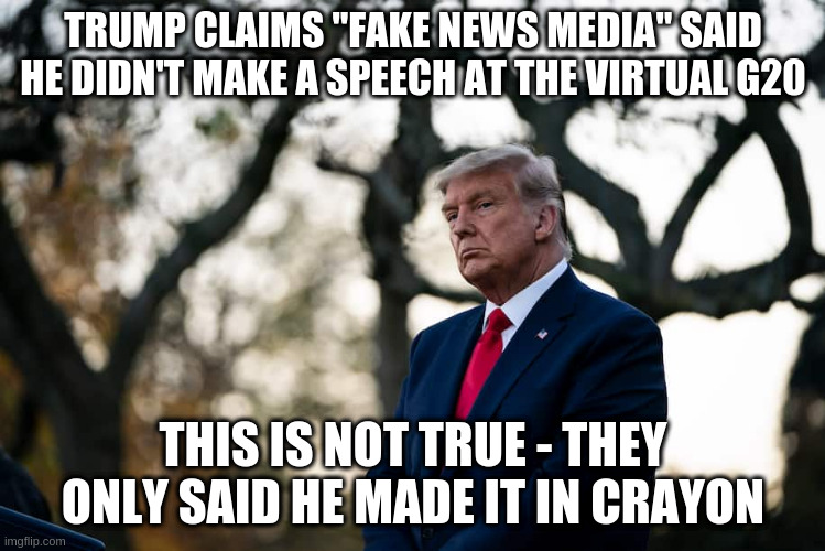 Well technically they were right about that | TRUMP CLAIMS "FAKE NEWS MEDIA" SAID HE DIDN'T MAKE A SPEECH AT THE VIRTUAL G20; THIS IS NOT TRUE - THEY ONLY SAID HE MADE IT IN CRAYON | image tagged in trump,g20,fake news,humor | made w/ Imgflip meme maker