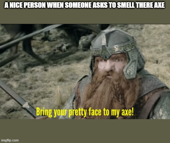 A different take | A NICE PERSON WHEN SOMEONE ASKS TO SMELL THERE AXE | image tagged in bring your pretty face to my axe | made w/ Imgflip meme maker